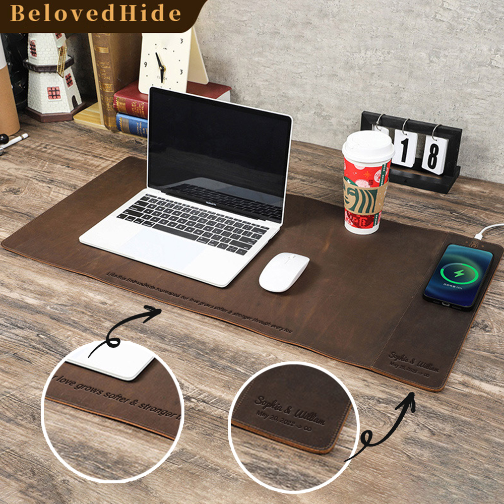"Leather Wedding Anniversary Gifts for Him - XL Crazy Horse Leather Mouse Pad (31.5x15.7") | Waterproof Wireless Charging"