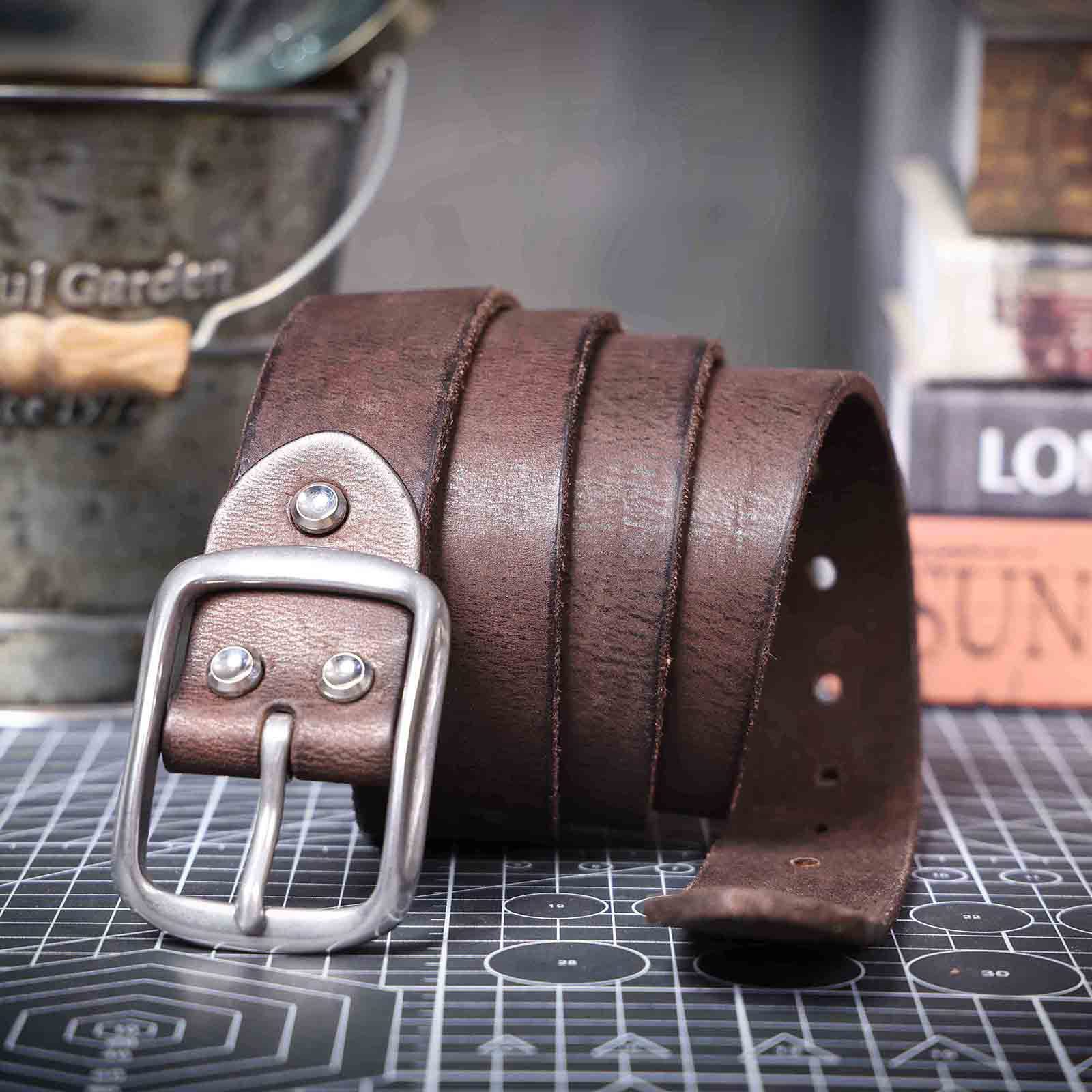 Handmade Coffee Brown Full Grain Leather Belt for Men - Stainless Steel Buckle | Customizable & Engraved