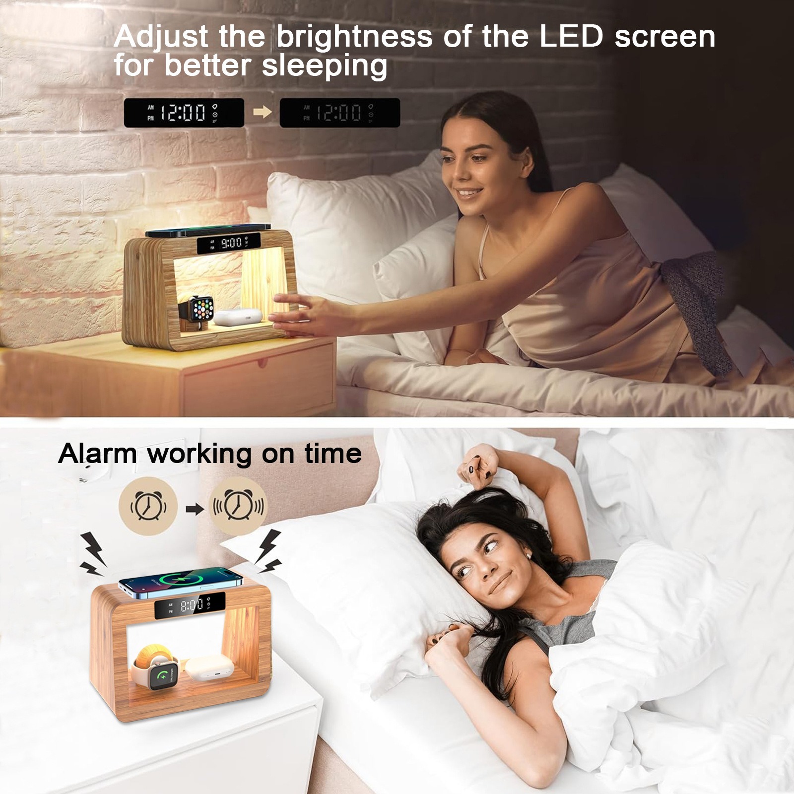 Wooden Multi-Functional Wireless Charger, Mobile Phone Stand, Desktop Digital Alarm Clock and Small Table Lamp