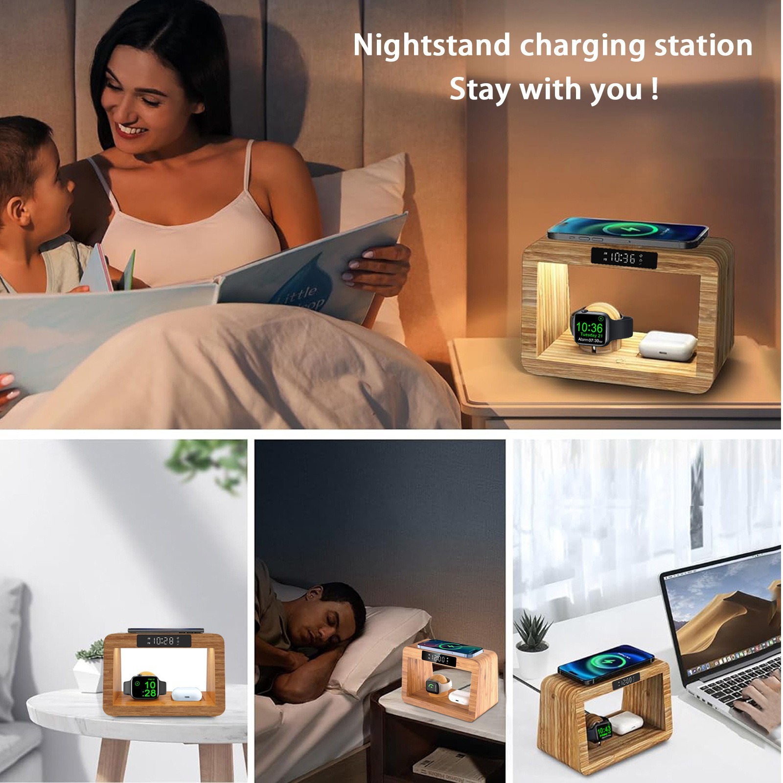 Wooden Multi-Functional Wireless Charger, Mobile Phone Stand, Desktop Digital Alarm Clock and Small Table Lamp