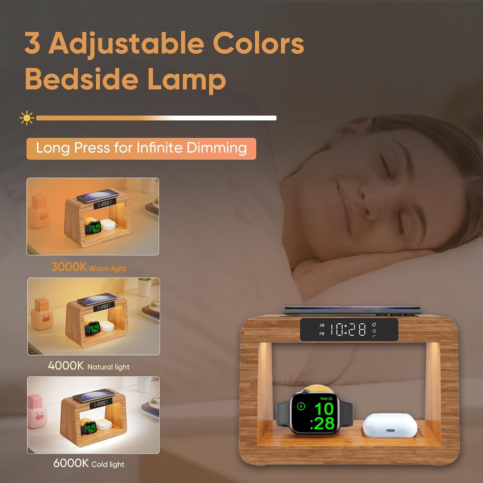 Wooden Multi-Functional Wireless Charger, Mobile Phone Stand, Desktop Digital Alarm Clock and Small Table Lamp