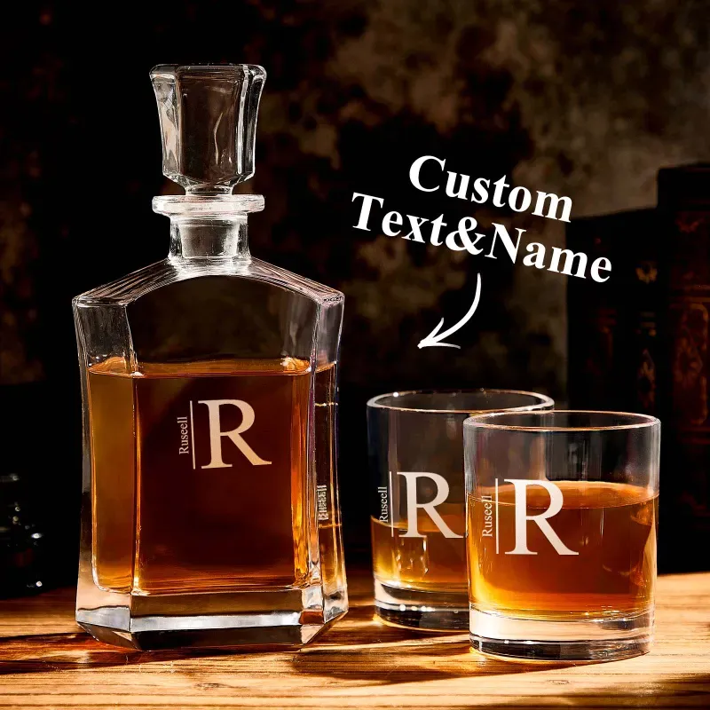 Personalized Decanter Set with 2 Whiskey Glasses, Custom Name Wine Bot