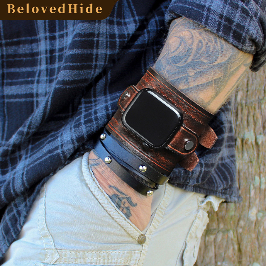 Coffee Leather Apple Watch Bands, Italian Double-Buckle Men Watches Leather Band