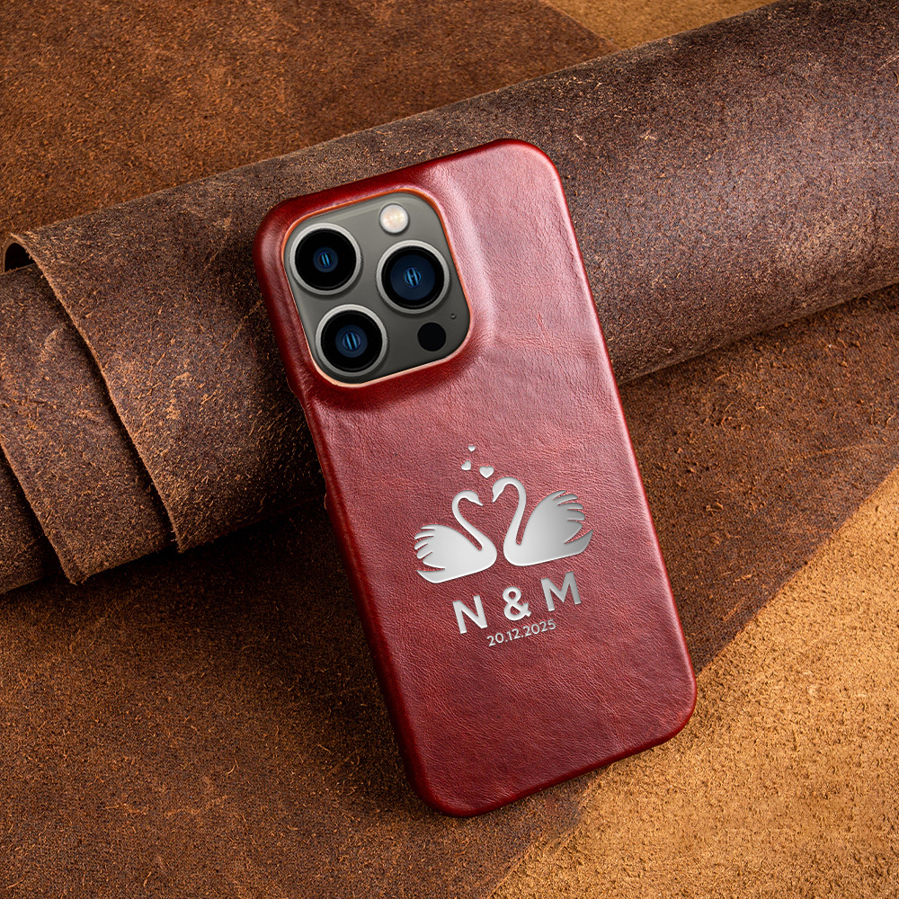 Personalized Oil-Tanned Leather Phone Case with Swan Motif & His/Hers Initials – Soft, Supple, and Lovingly Crafted