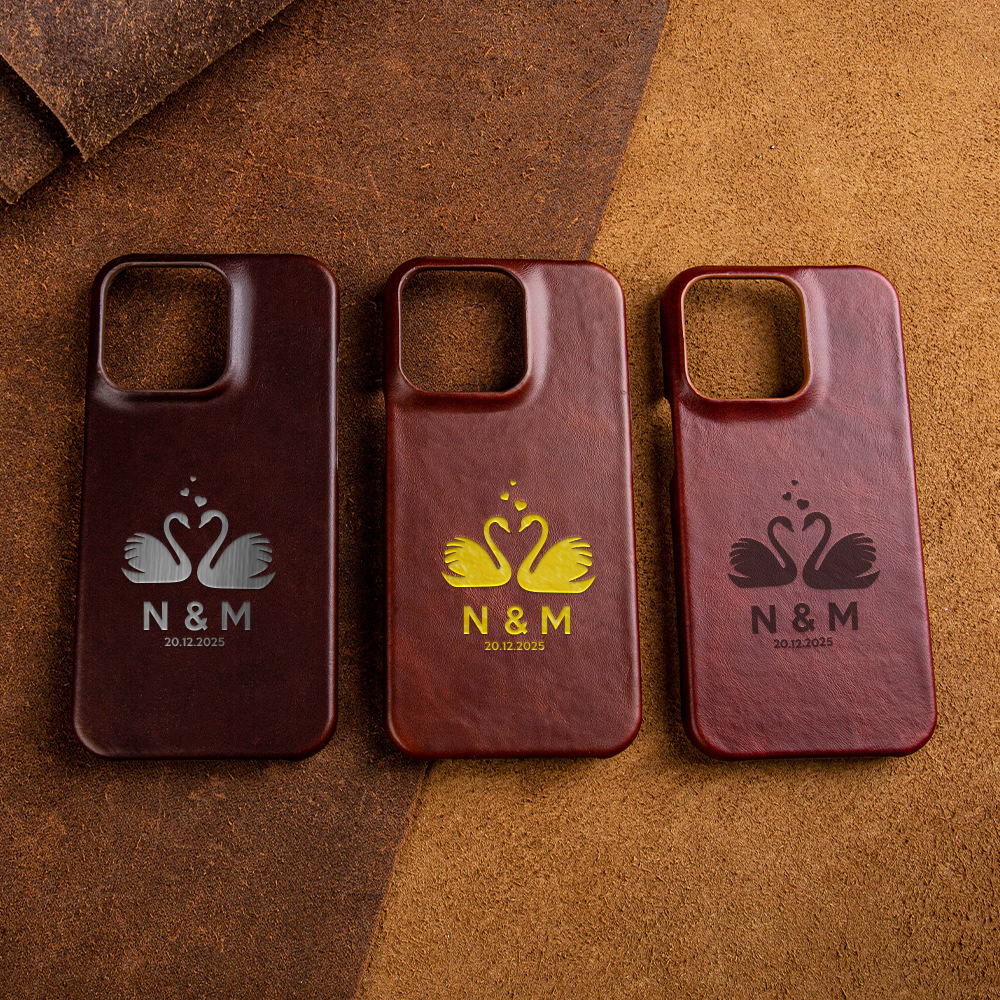 Personalized Oil-Tanned Leather Phone Case with Swan Motif & His/Hers Initials – Soft, Supple, and Lovingly Crafted