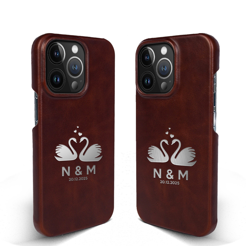 Personalized Oil-Tanned Leather Phone Case with Swan Motif & His/Hers Initials – Soft, Supple, and Lovingly Crafted