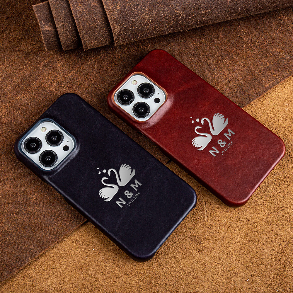 Personalized Oil-Tanned Leather Phone Case with Swan Motif & His/Hers Initials – Soft, Supple, and Lovingly Crafted