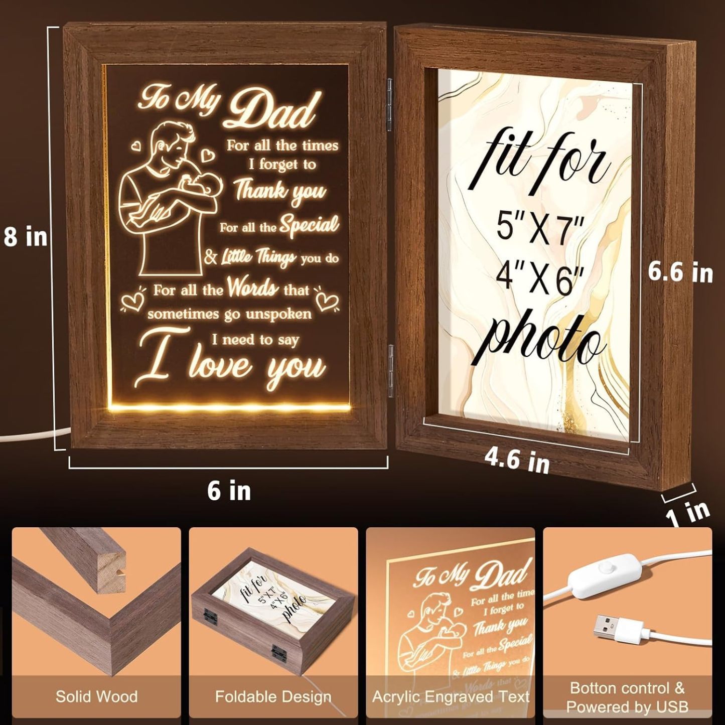 Custom Picture Frame Solid Wood, Personalized Engraved Night Light, Best Mother's Day and Father's Day Gifts