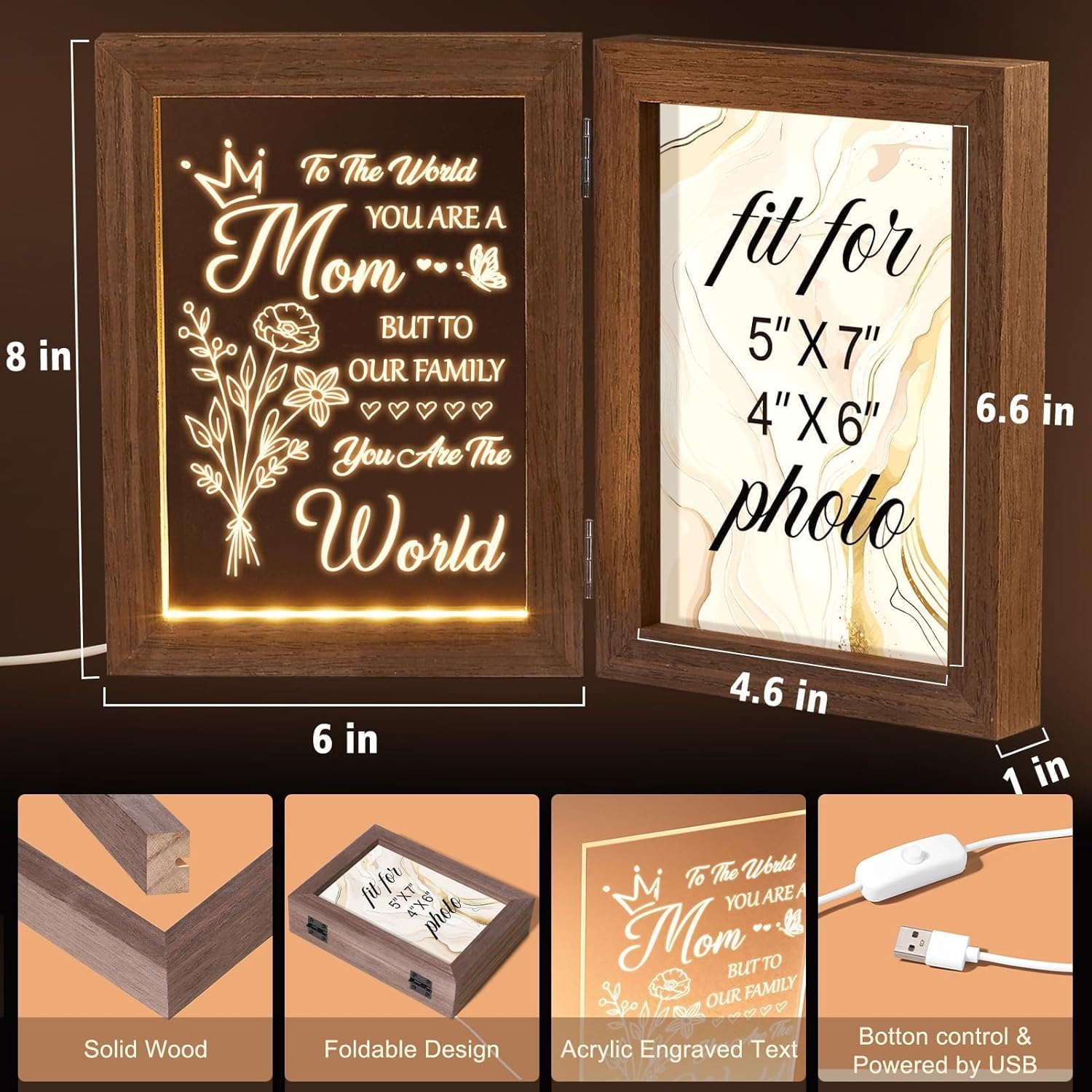 Custom Picture Frame Solid Wood, Personalized Engraved Night Light, Best Mother's Day and Father's Day Gifts