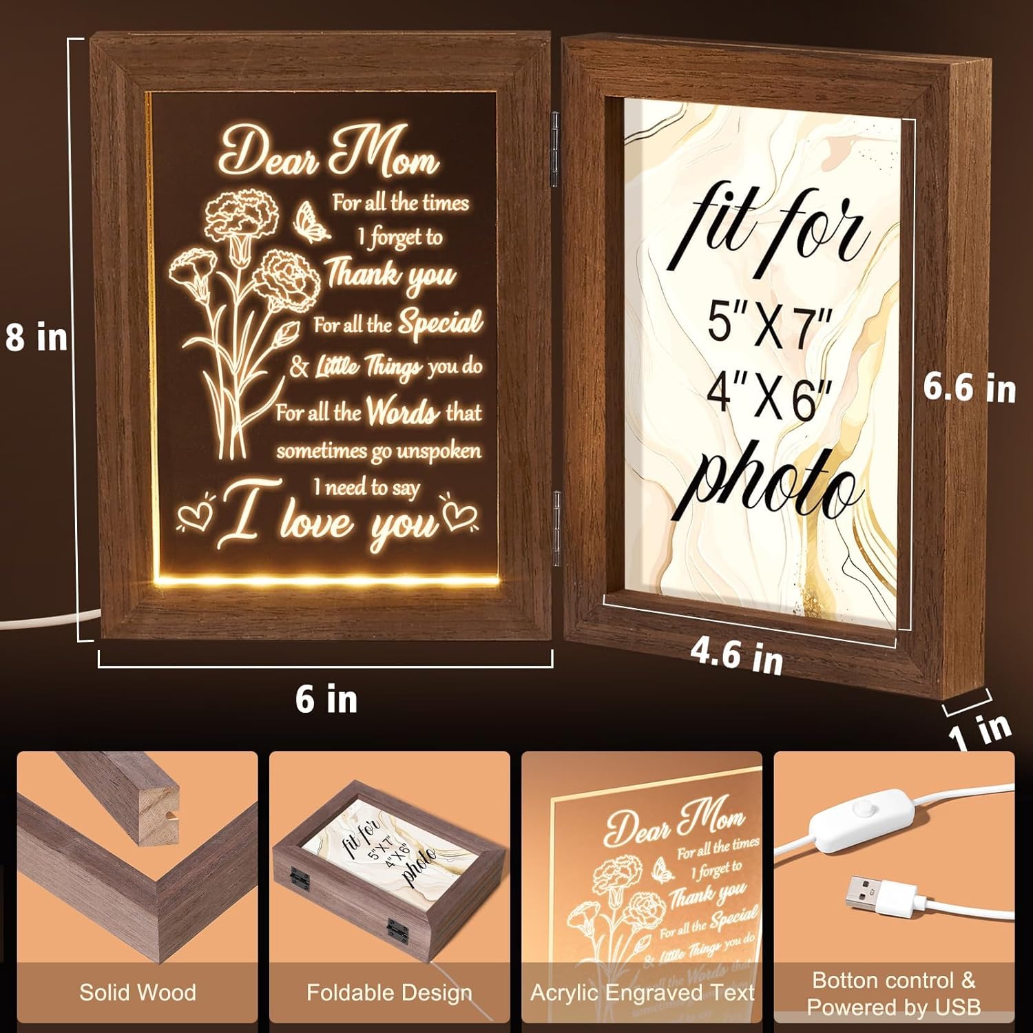 Custom Picture Frame Solid Wood, Personalized Engraved Night Light, Best Mother's Day and Father's Day Gifts
