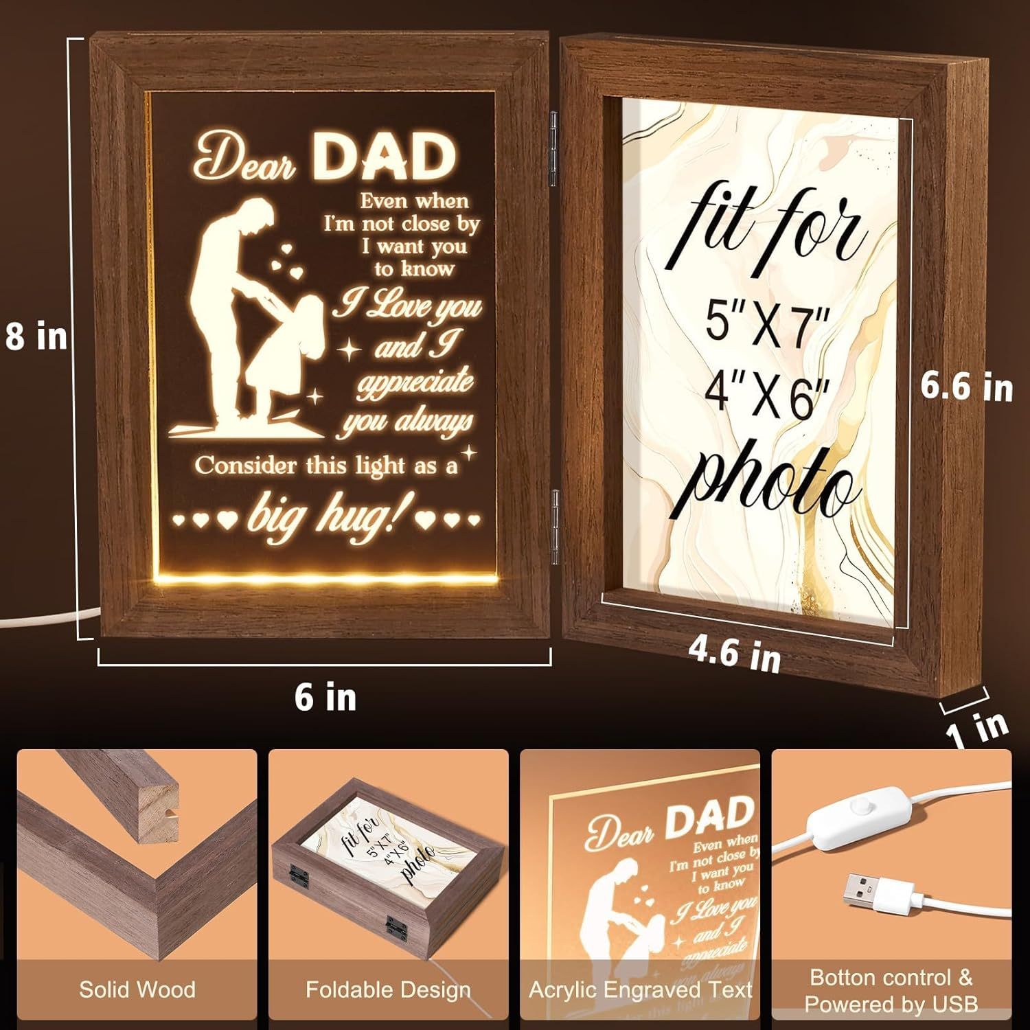 Custom Picture Frame Solid Wood, Personalized Engraved Night Light, Best Mother's Day and Father's Day Gifts
