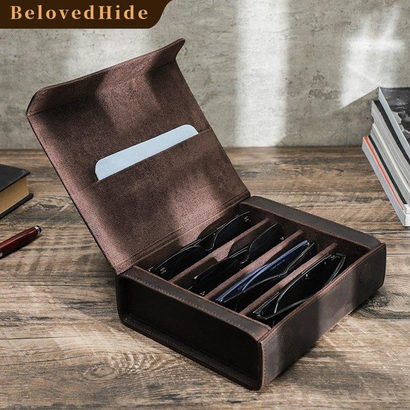 4-Slot Leather Glasses Organizer Case – Large Capacity Travel Storage