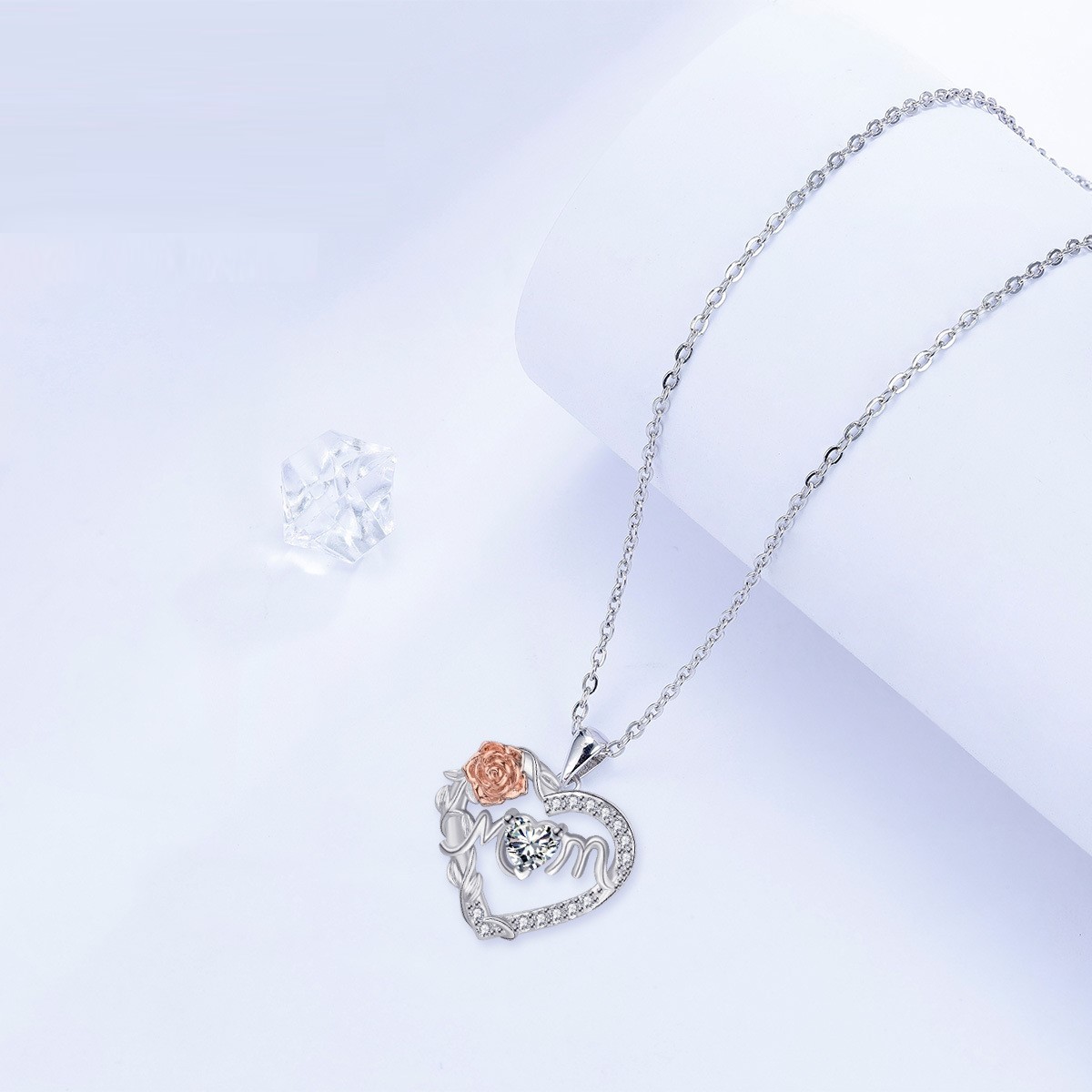 New Mother's Day Necklace, Heart-shaped Rose Necklace, Cross Chain Copper Jewelry Piece