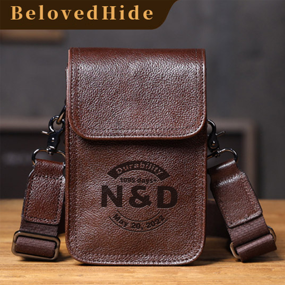 Mini Crossbody Phone Bag - Leather Anniversary Gift with "N & D • 1095 Days+" Engraving