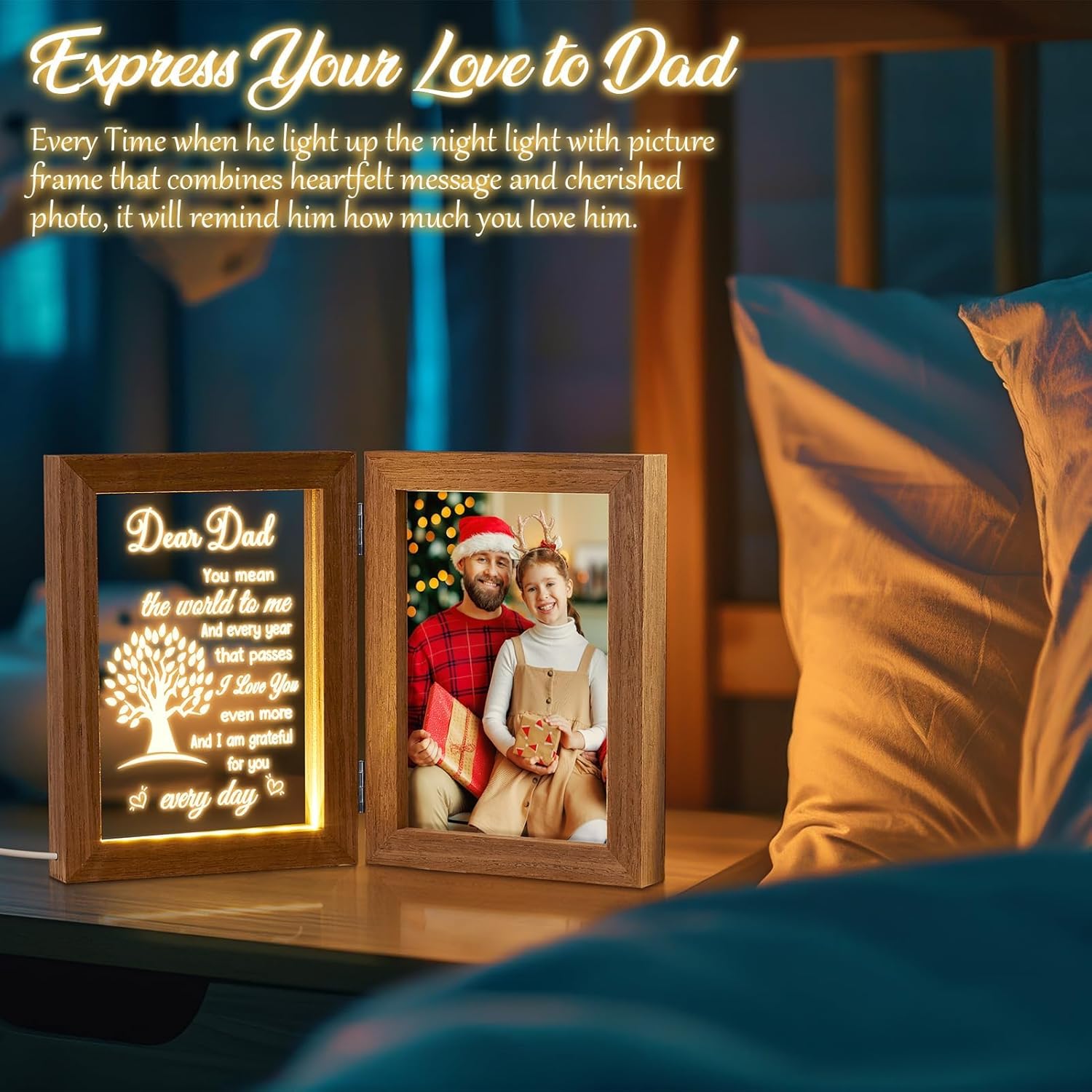 Custom Picture Frame Solid Wood, Personalized Engraved Night Light, Best Mother's Day and Father's Day Gifts