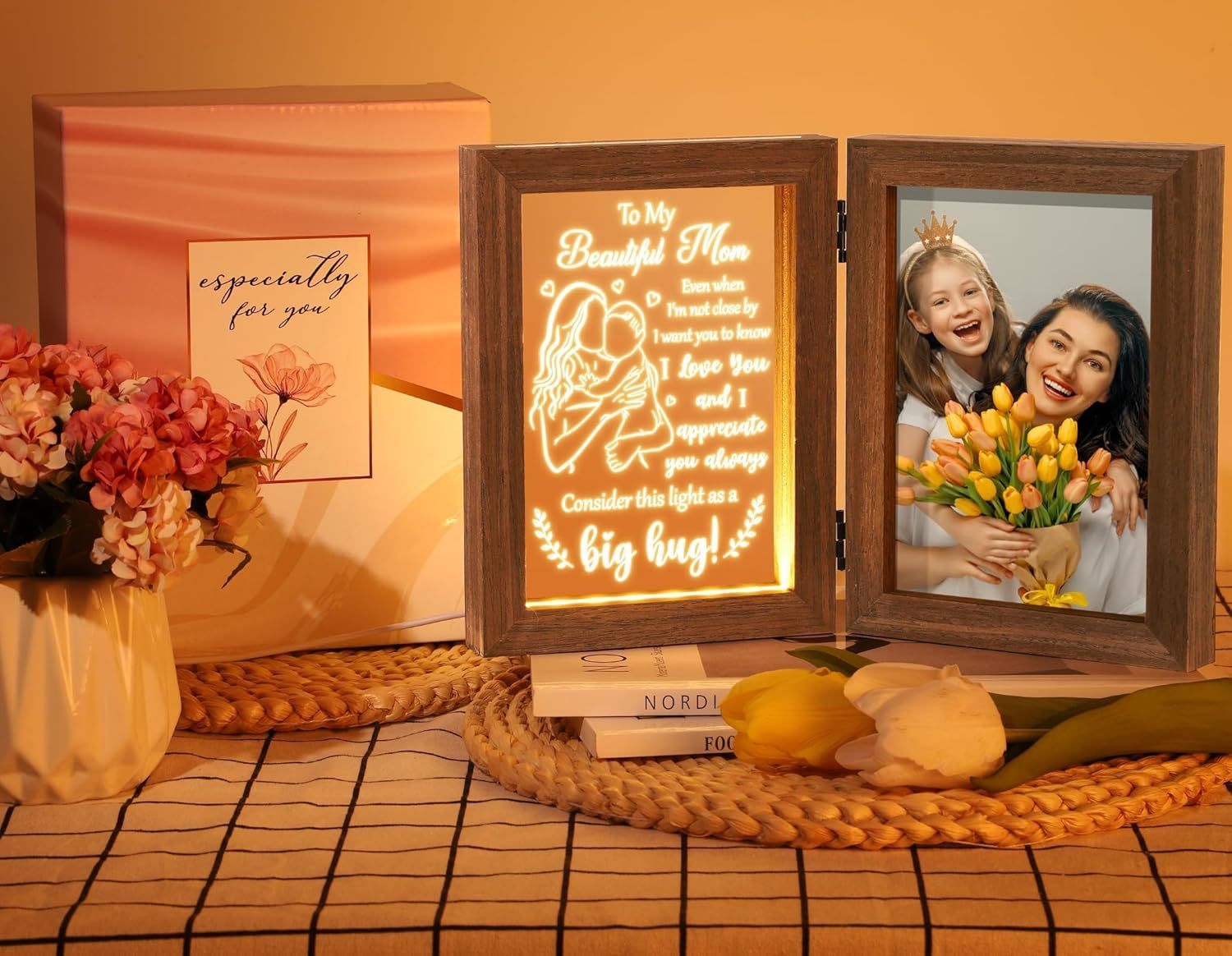 Custom Picture Frame Solid Wood, Personalized Engraved Night Light, Best Mother's Day and Father's Day Gifts