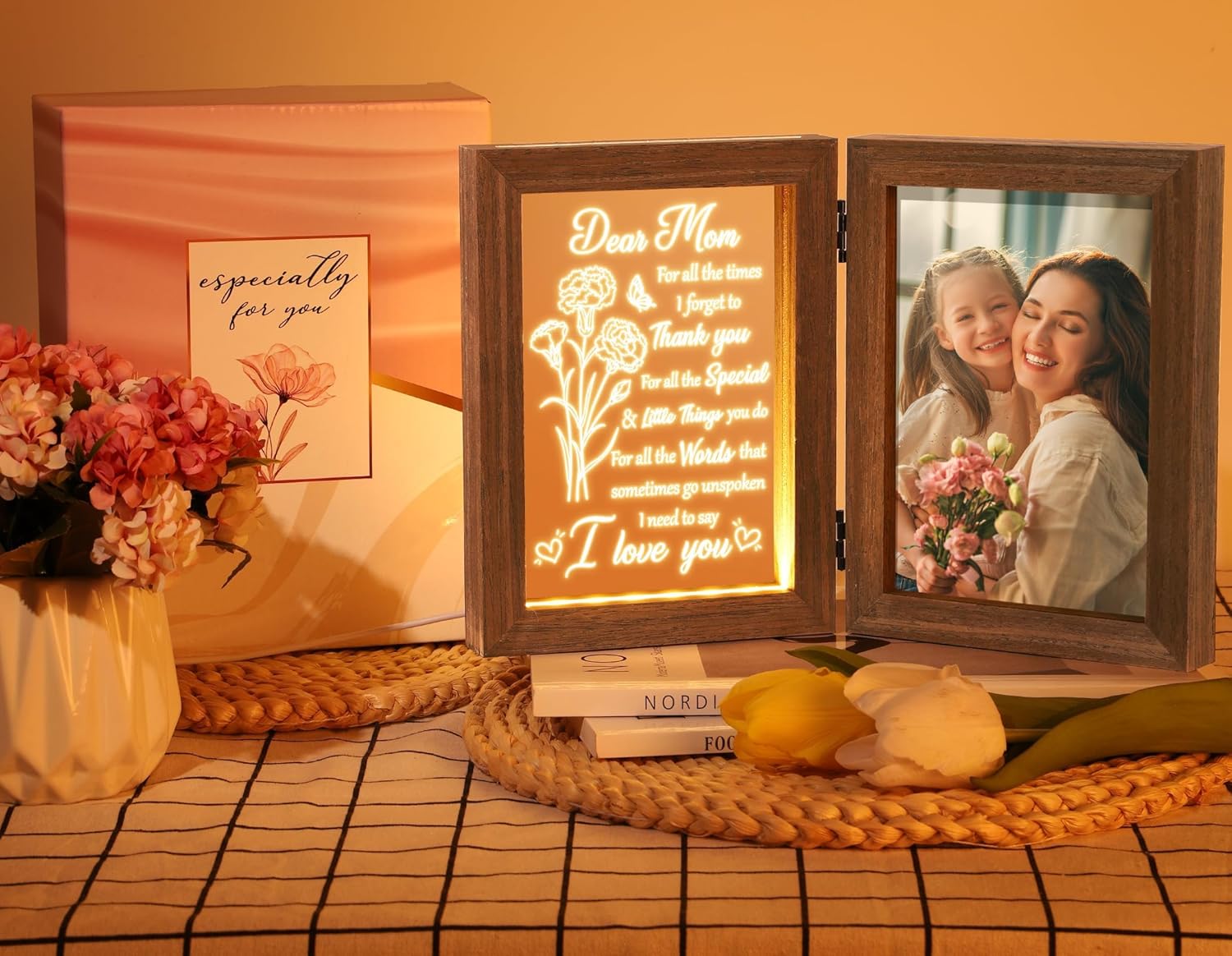 Custom Picture Frame Solid Wood, Personalized Engraved Night Light, Best Mother's Day and Father's Day Gifts