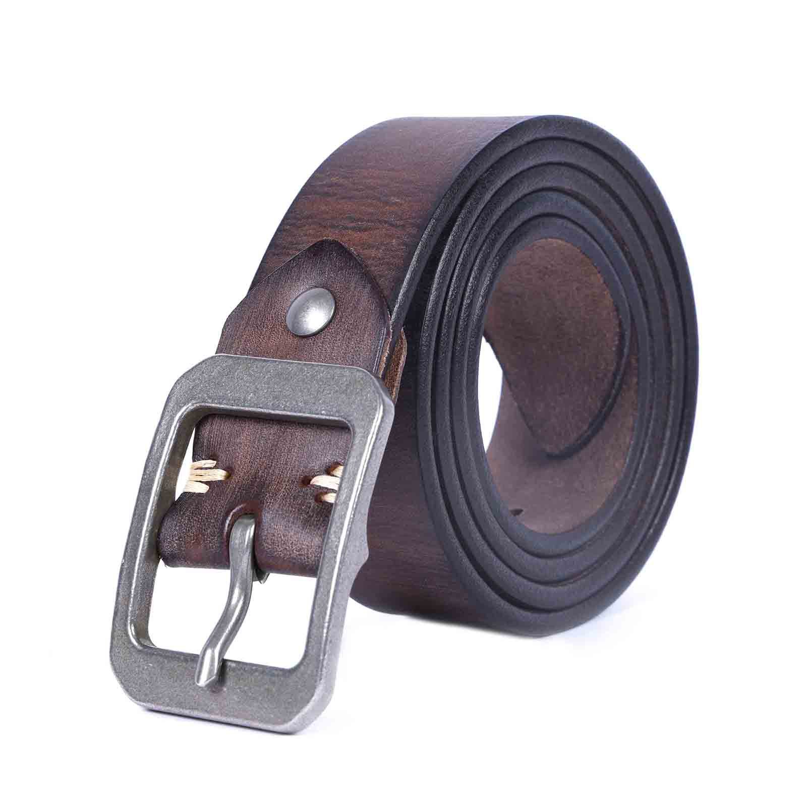 Handmade Full Grain Leather Belt for Men - 4.5mm Thick Coffee Brown Wild Bull Leather Belt with Stainless Steel Buckle | Customizable & Engraved