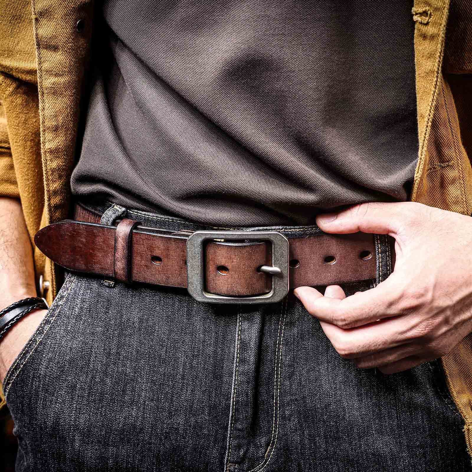 Handmade Full Grain Leather Belt for Men - 4.5mm Thick Coffee Brown Wild Bull Leather Belt with Stainless Steel Buckle | Customizable & Engraved