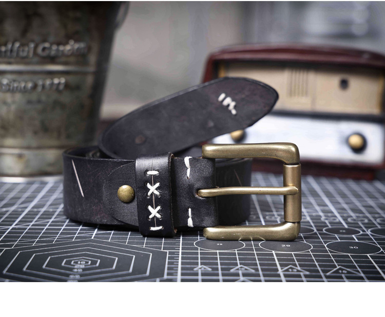 Handmade Black Full Grain Leather Belt for Men | 4.5mm Thick Custom Engraved Belt with Solid Brass Buckle – Retro Italian Leather