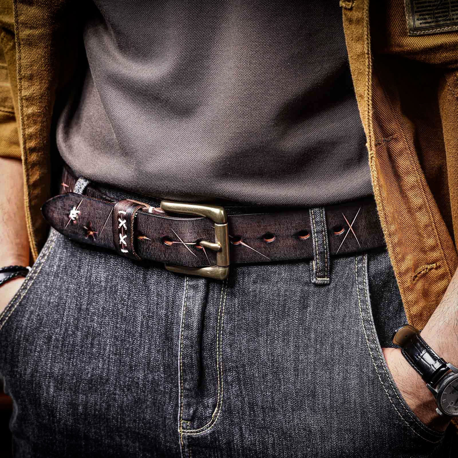 Handmade Coffee Brown Full Grain Leather Belt for Men | 4.5mm Thick Custom Engraved Belt – Vintage Brass Buckle