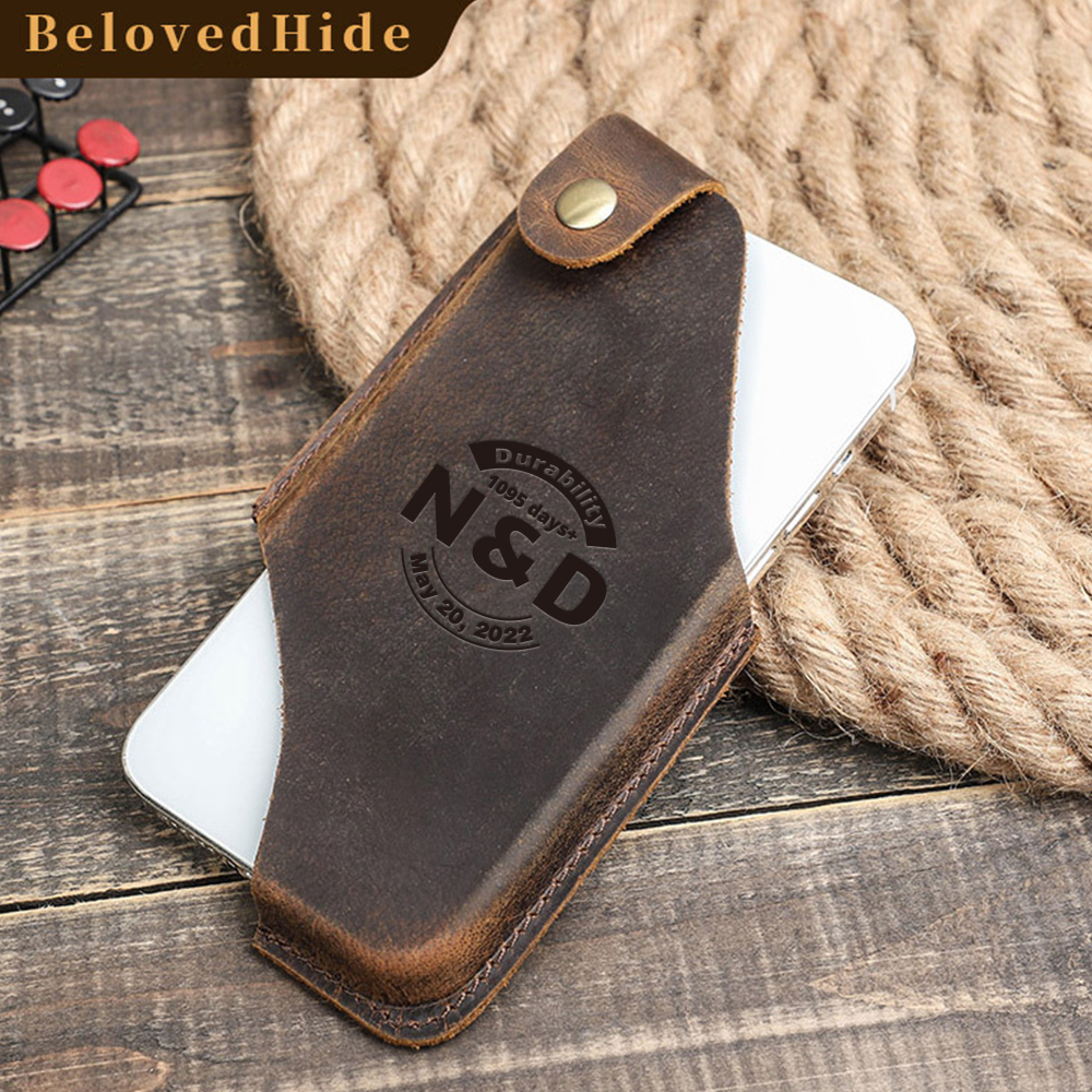 Leather Phone Holster For Him - 3rd Anniversary Gift with "N & D • 1095 Days+" Engraving