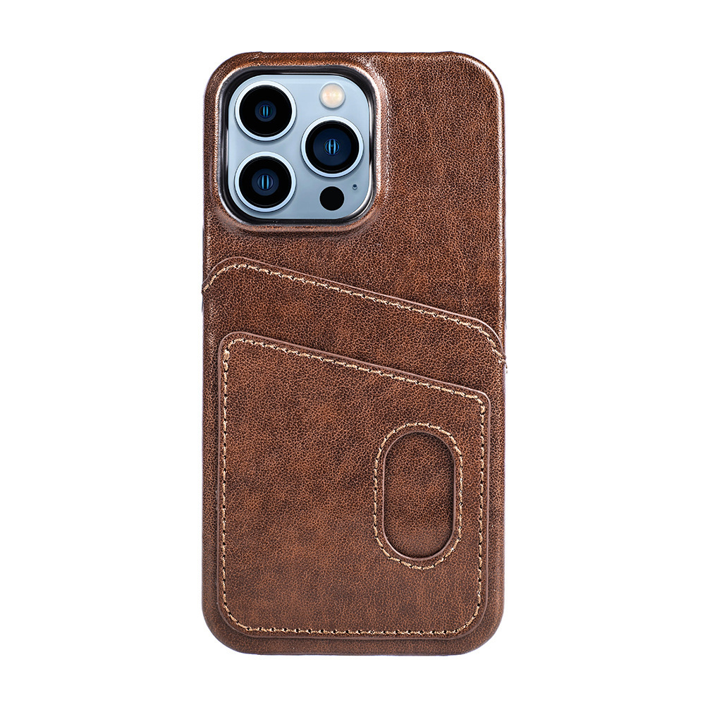 Brown Leather-Like iPhone Case with Card Holder - Shockproof PU Cover for iPhone 16 Pro/15 Pro Max
