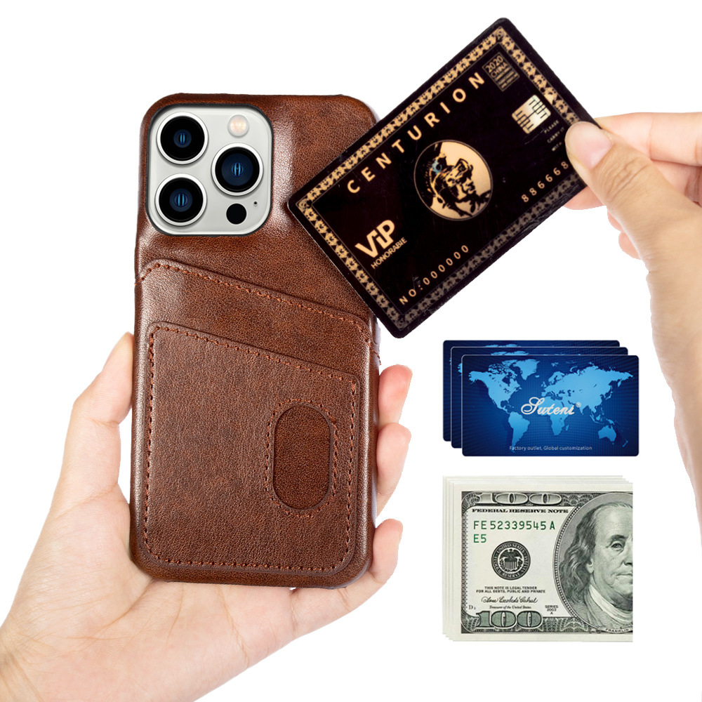 Brown Leather-Like iPhone Case with Card Holder - Shockproof PU Cover for iPhone 16 Pro/15 Pro Max