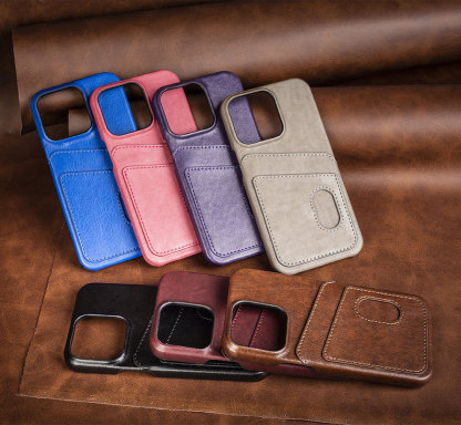 Brown Leather-Like iPhone Case with Card Holder - Shockproof PU Cover for iPhone 16 Pro/15 Pro Max