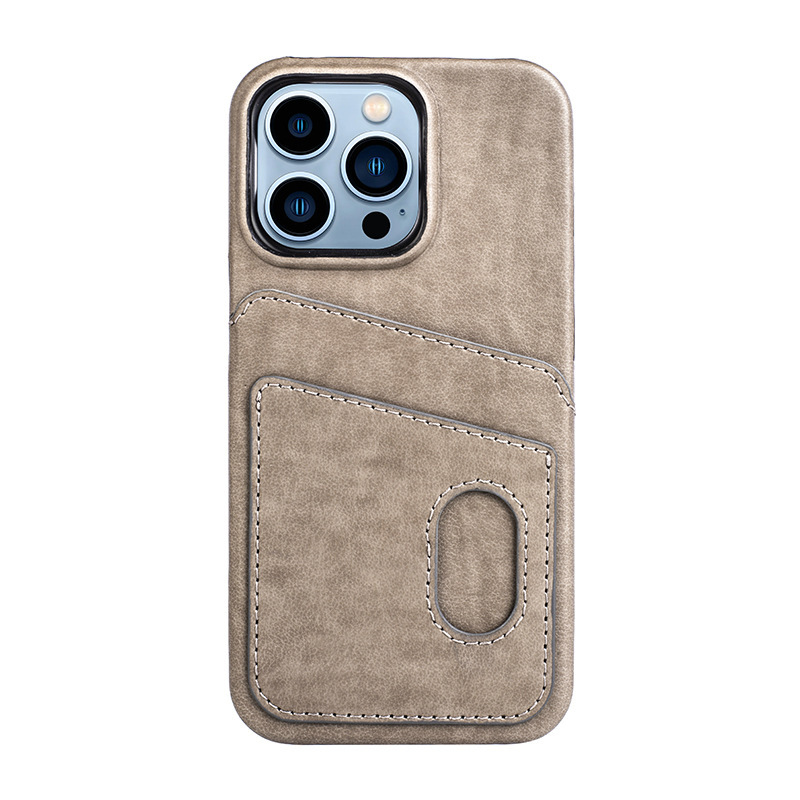 Khaki Leather-Like iPhone Case with Dual Card Slot - Slim PU Cover for iPhone 16 Pro/15 Pro Max