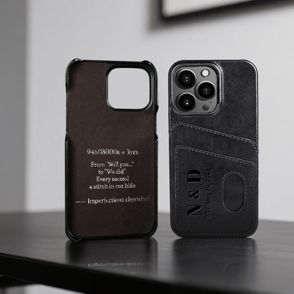Custom Leather Card Holder iPhone 16 Case with Engraving - 3rd Anniversary Gift, Slim Dual Slot Design, PC+Leather Protective Cover