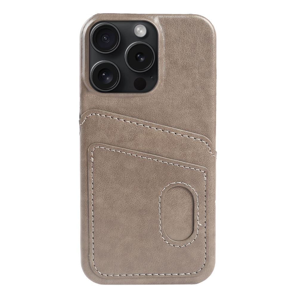 Khaki Leather-Like iPhone Case with Dual Card Slot - Slim PU Cover for iPhone 16 Pro/15 Pro Max