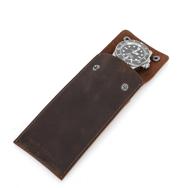 Vintage Travel Leather Watch Pouch – Single Watch Storage (Brown/Red Brown)