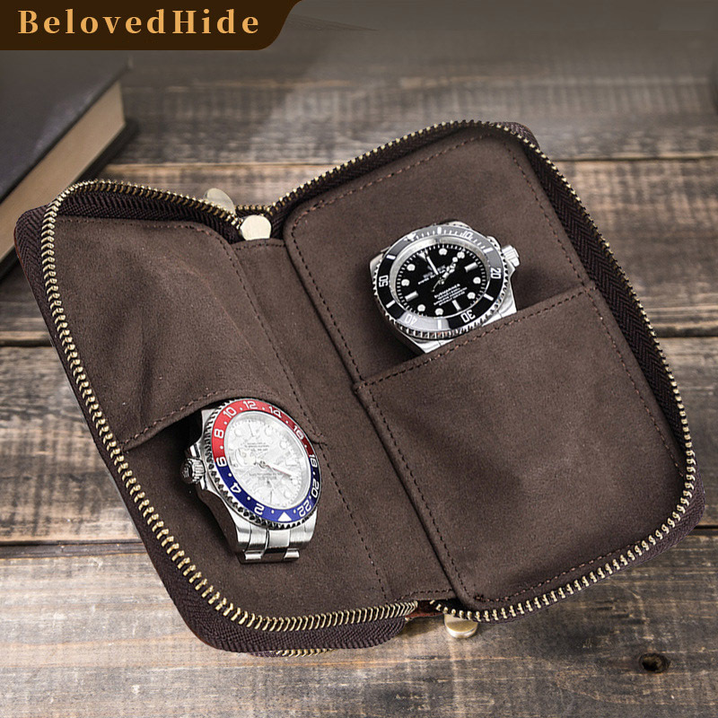 Couple’s Leather Watch Pouches – Dual Vintage Storage (Coffee & Tan)