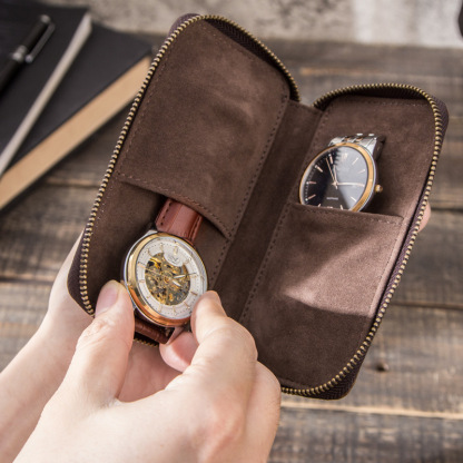 Couple’s Leather Watch Pouches – Dual Vintage Storage (Coffee & Tan)