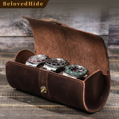 3-Watch Cylinder Leather Box – Vintage Travel Case for Mechanical Watches