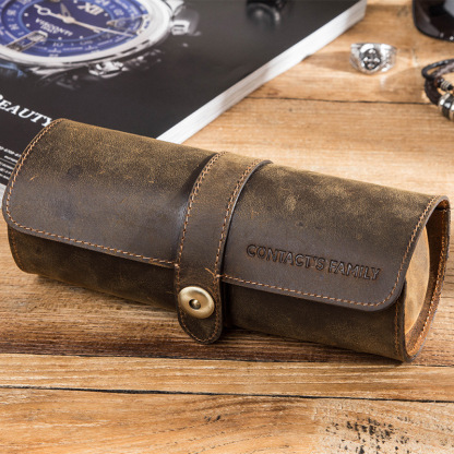 3-Watch Cylinder Leather Box – Vintage Travel Case for Mechanical Watches