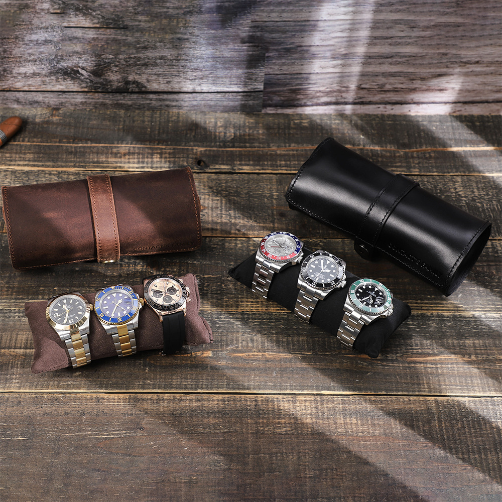3-Watch Cylinder Leather Box – Vintage Travel Case for Mechanical Watches