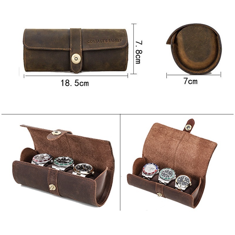 3-Watch Cylinder Leather Box – Vintage Travel Case for Mechanical Watches