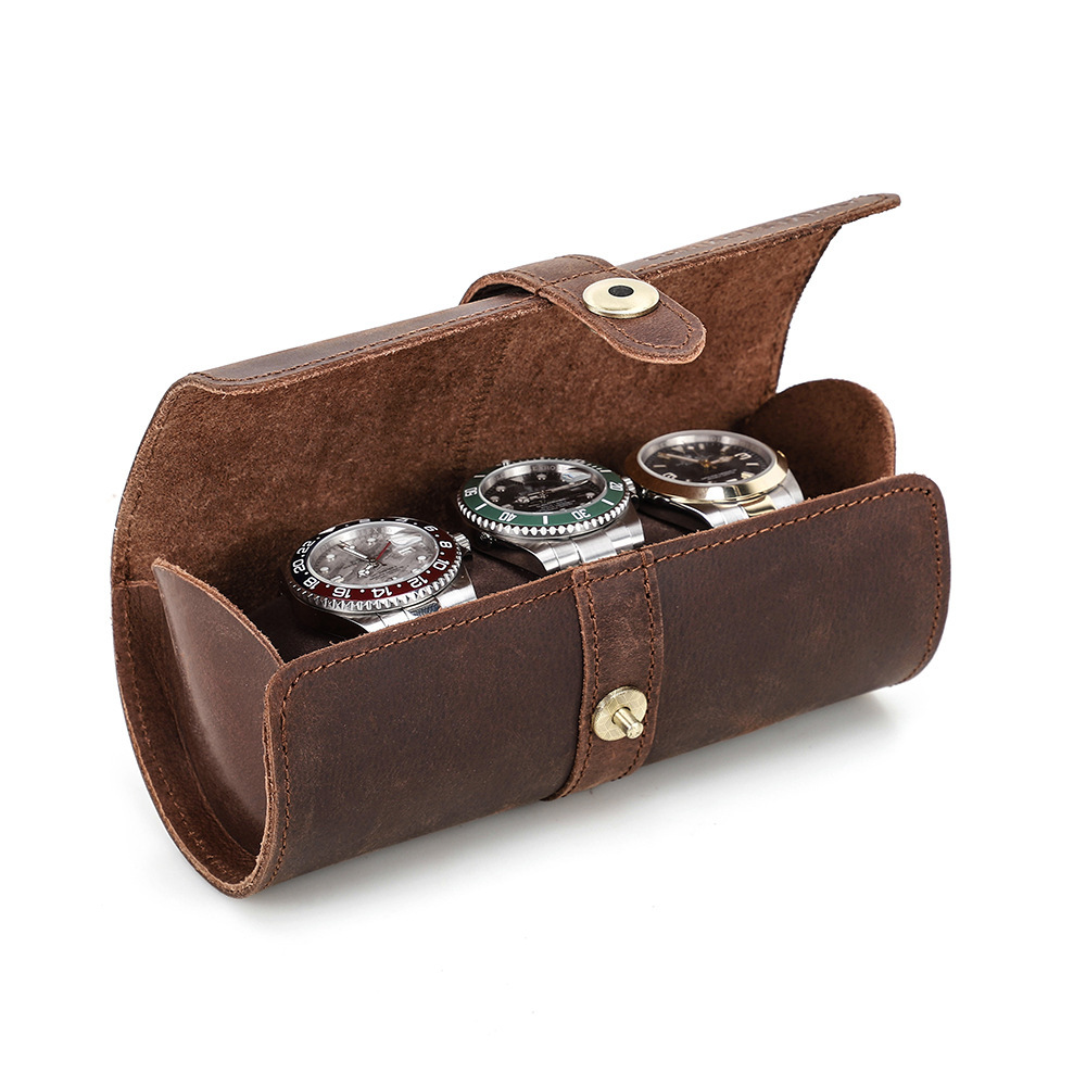 3-Watch Cylinder Leather Box – Vintage Travel Case for Mechanical Watches