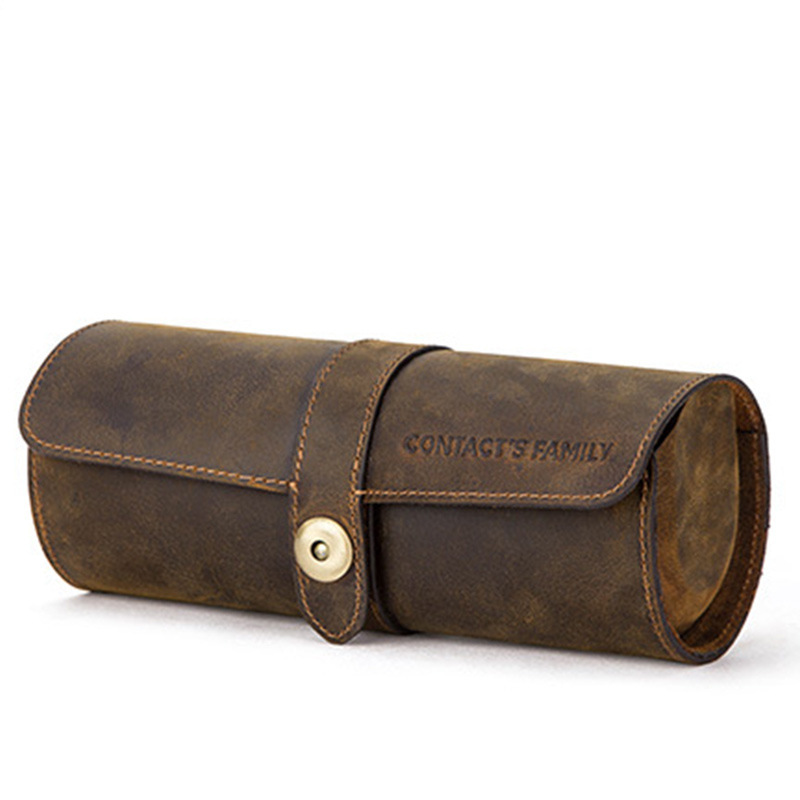 3-Watch Cylinder Leather Box – Vintage Travel Case for Mechanical Watches