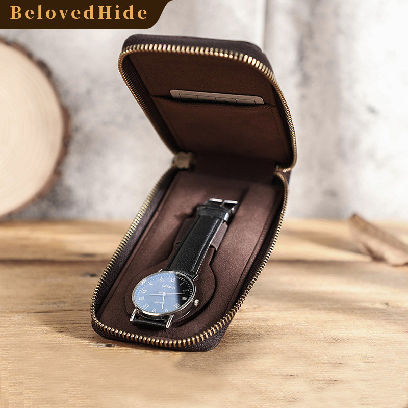 Zippered Leather Watch Box – Single Watch Case with Card Holder