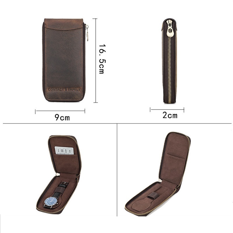 Zippered Leather Watch Box – Single Watch Case with Card Holder