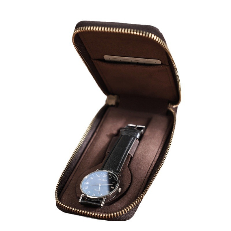 Zippered Leather Watch Box – Single Watch Case with Card Holder