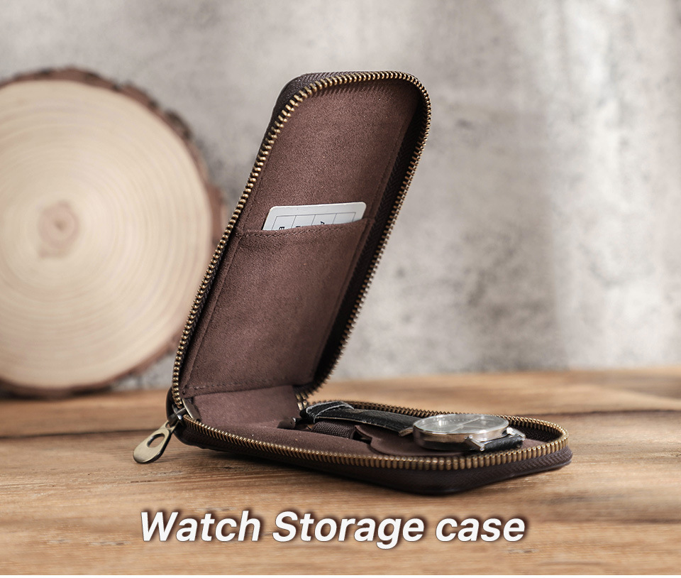 Zippered Leather Watch Box – Single Watch Case with Card Holder