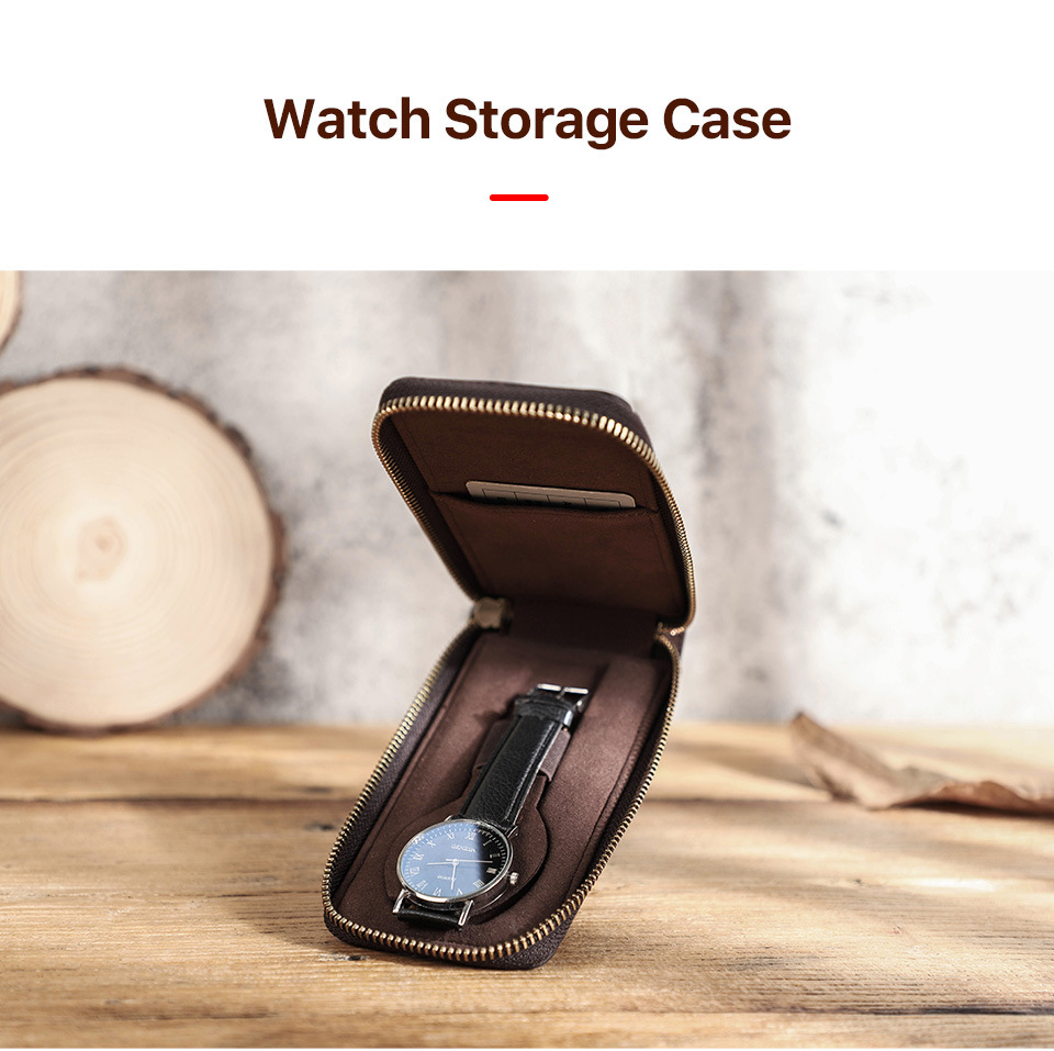 Zippered Leather Watch Box – Single Watch Case with Card Holder