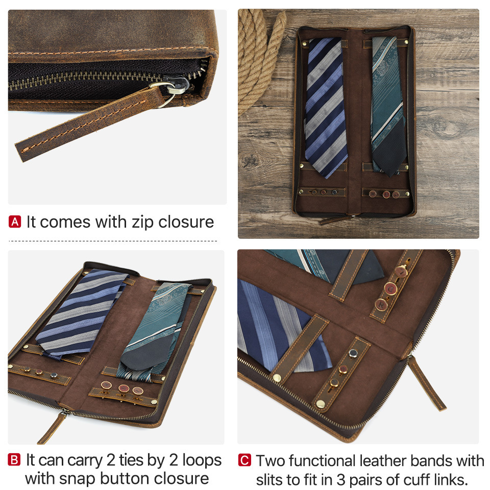 Travel-Friendly Leather Tie Organizer Box – Holds 2 Ties, Retro Design