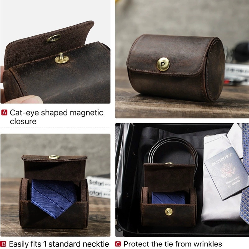 Anti-Wrinkle Leather Tie Box – Retro Compact Organizer (10.5x8cm)