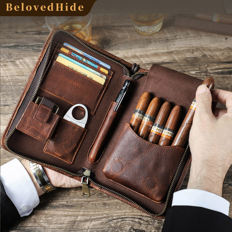 Wrist-Strap Leather Cigar Case – 5-Cigar Zippered Travel Pouch- Card Holder - Phone Holder