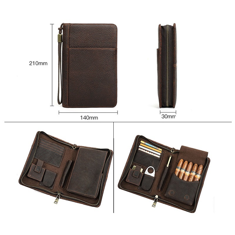 Wrist-Strap Leather Cigar Case – 5-Cigar Zippered Travel Pouch- Card Holder - Phone Holder